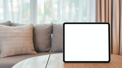 A tablet with a blank white screen placed on a wooden cafe table.