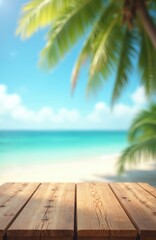 Empty wooden table on blurred tropical beach background. Summer holiday concept for product display. Paradise island beach with palm tree, turquoise ocean. Beautiful travel vacation template banner © Maryna