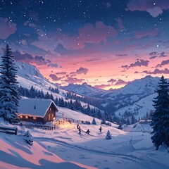 Fototapeta premium Winter sunset, snowy mountains, cabin, skiers