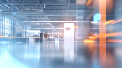 Blurred modern futuristic empty hall with interactive displays showing data visualization and orange lights trails