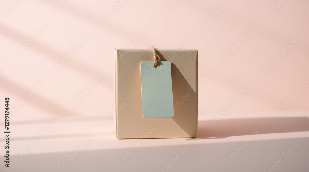 Poster gift box with pale blue tag and string on pastel pink background with linear light and shadow patter