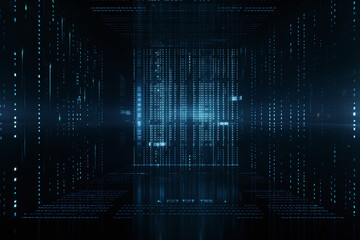 Obraz premium dark futuristic digital environment with cascading binary code, creating sense of depth and technology. glowing blue lights enhance digital atmosphere