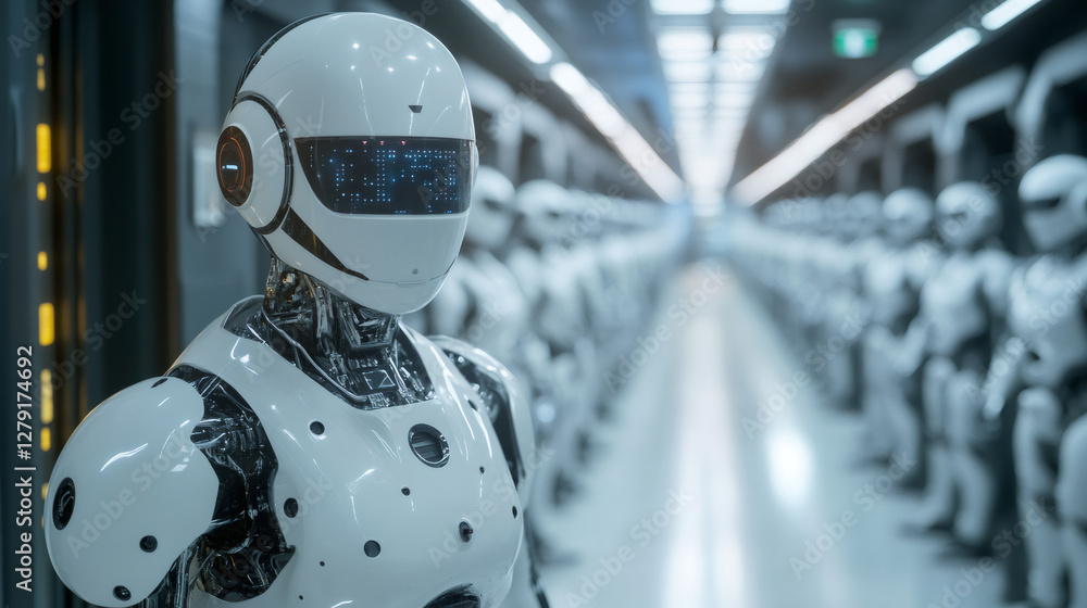 Poster futuristic humanoid robot with glowing visor standing in a server room with other robots out of focu