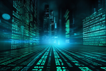 Digital financial data flow with glowing currency codes in futuristic cityscape. vibrant green numbers create sense of advanced technology and innovation
