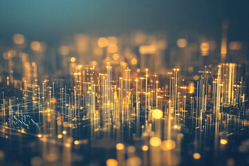 Digital financial landscape with glowing golden graphs and data points, representing growth and technology in finance. abstract design evokes sense of innovation and progress