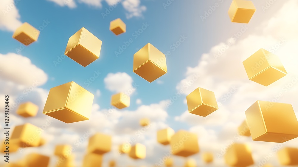 Poster surreal image of floating golden cubes against an endless horizon, capturing a dreamlike atmosphere.