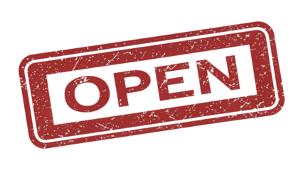 Red grunge rubber stamp with the text ''OPEN"', isolated, transparent background, AI