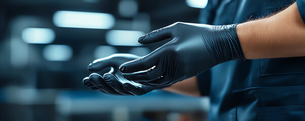 person wearing black nitrile gloves prepares for work in factory setting, showcasing focus on safety and hygiene. background is blurred, emphasizing hands