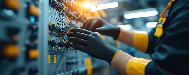 technician wearing black nitrile gloves works electrical equipment, focusing wiring and connections modern industrial setting. environment is well lit and organized, showcasing precision and