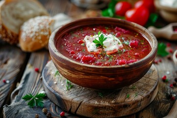 Traditional borscht in ornate bowl, topped with herbs. Neural network AI generated