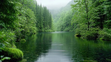 Fototapeta premium Misty forest lake reflecting lush greenery