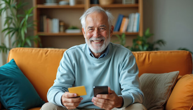 Smiling senior man makes online purchase, uses credit card, smartphone at home on couch. Elderly retired male does banking transaction, orders food delivery. Consumer e-commerce, mobile payment.