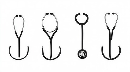 Four stethoscopes, medical tools, white background, healthcare