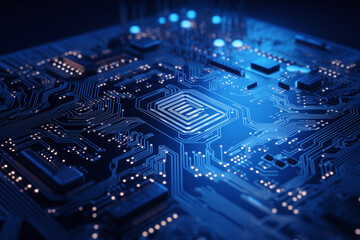 Futuristic blue circuit board with glowing lines and components, showcasing intricate electronic design and technology
