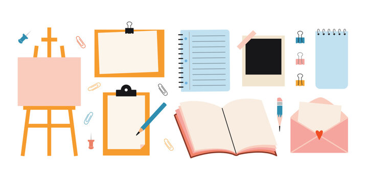 Set of stationery items with empty space for text, including easel, clipboard, notebook, photo frame, notepad, book, envelope and pencil. Modern vector illustration isolated on white, hand drawn, flat