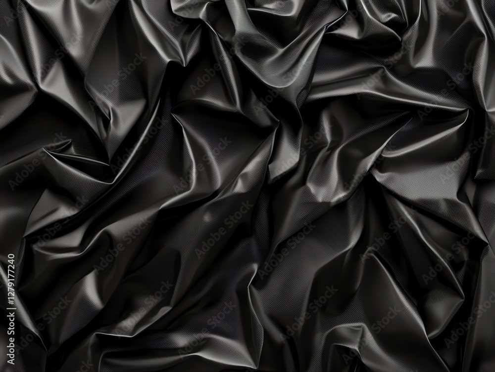 Poster glossy black plastic wrap with wrinkled texture, creating abstract pattern. shiny surface reflects l
