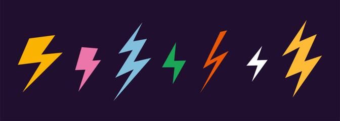 Obraz premium Set of various colorful lightning bolt icons on a dark background. Trendy modern vector illustration, flat design