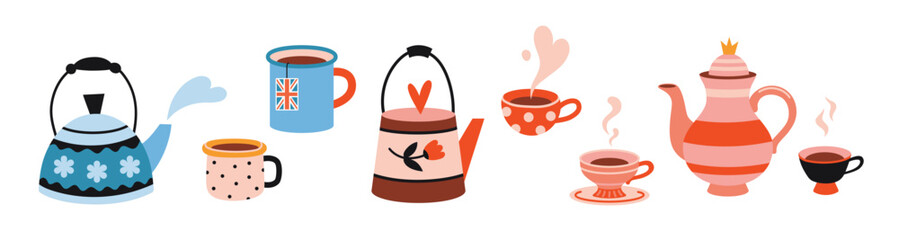 Set of cute teapots and cups. Tea time and cozy home decor concept. Trendy modern vector illustration isolated on white background, hand drawn, flat design