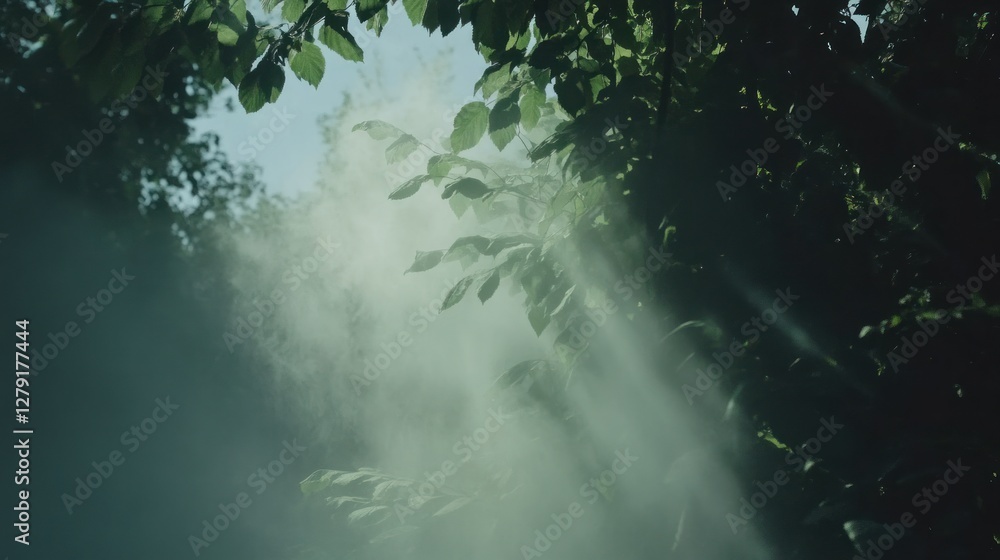 Poster sunbeams filtering through misty leaves in a forest