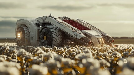 Futuristic Farm Vehicle in a Field of Flowers