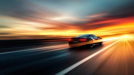 Sunset Drive: A Fast Car speeding on a Highway at Sunset