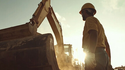 Construction worker observes the excavator at a construction site