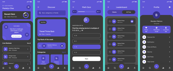 Quiz, Test, Quizzer, Knowledge, Questionnaire Competition & Trivia Game Black App Ui Kit Template
