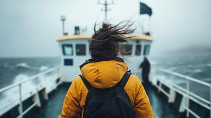 Obraz premium Woman In Yellow Jacket Aboard A Ferry In Windy Weather