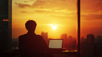 A person working on a laptop watching the sunset over the city
