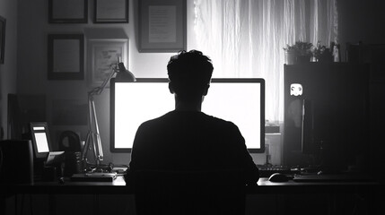 The Silhouette Of A Person Sitting At A Desk Working