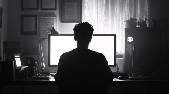 The Silhouette Of A Person Sitting At A Desk Working