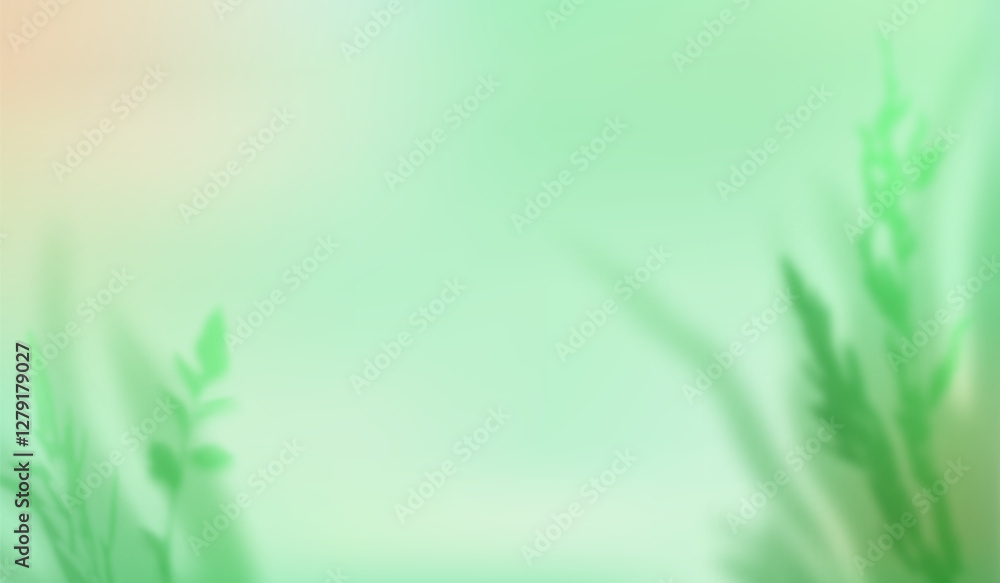 Poster green spring background with gradient and blurred plant leaves. abstract vector nature illustration.