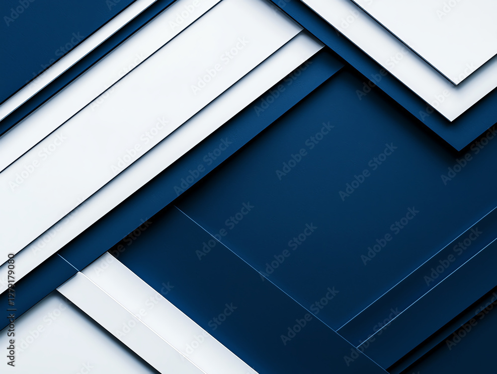 Poster modern abstract geometric design with layered blue and white shapes, creating dynamic visual effect.