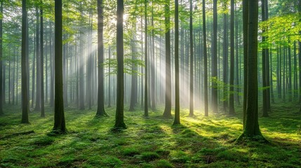 Obraz premium Sunbeams Illuminate Misty Green Forest Trees
