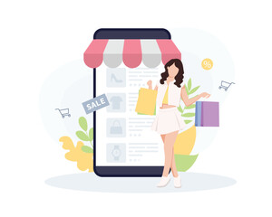 woman with online shop,young girl with shopping bags near- smartphone, shopping on internet 