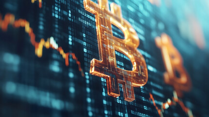 Glowing bitcoin symbol amid shifting financial graphs, highlighting volatile cryptocurrency landscape and digital monetary evolution