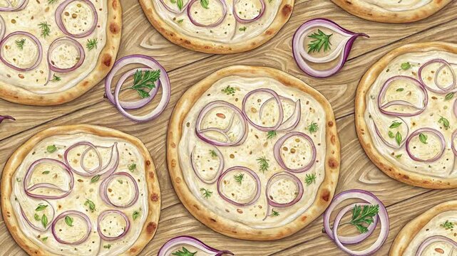 A simple pie with red onions and herbs. Seamless loop background 