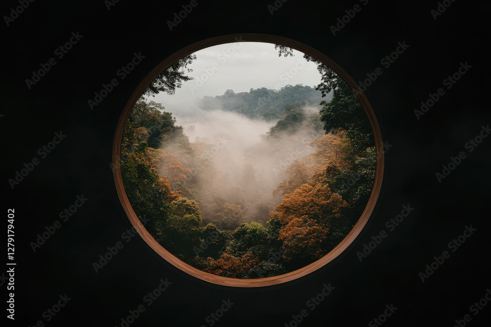 Poster a view of a forest with foggy mist and trees in the background
