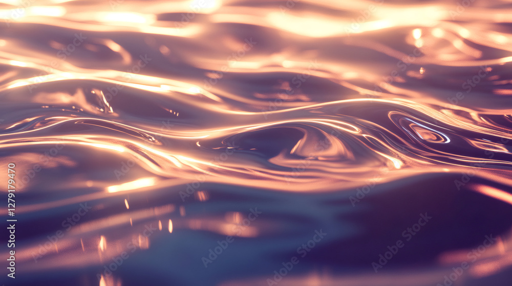 Poster Smooth, glowing waves reflect warm sunset colors, creating a serene and tranquil atmosphere with flowing patterns and soft light