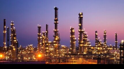 Obraz premium Industrial Oil Refinery at Dusk with Illuminated Structures and Skyline