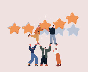 Vector illustration of people holding others up while they rate with five stars, symbolizing support in decision-making.