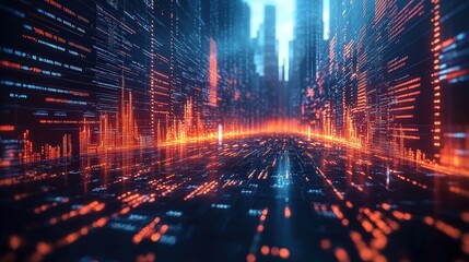 Futuristic cityscape with glowing data streams and skyscrapers under a vibrant blue sky