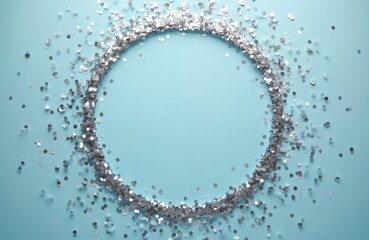 Round frame made of silver confetti on blue pastel background. Celebration background with silver glistering confetti. Party holiday illustration, festive carnival decoration element. Round frame