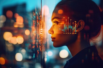 Woman's profile superimposed with data visualizations, suggesting technological advancement and data analysis in a city night setting.
