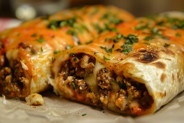 Close-up of grilled burrito with fresh filling. Neural network AI generated