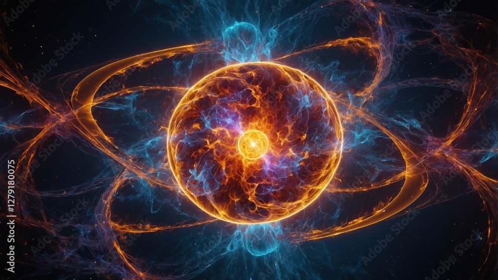 Poster visual representation of nuclear fusion process showcasing energy release and atomic interactions in