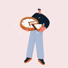 Vector illustration of a man pulling a piece from a clock, symbolizing the division of time as a valuable resource.