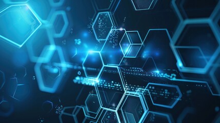 Fototapeta premium Abstract digital network, glowing hexagons, data flow, tech background, website banner