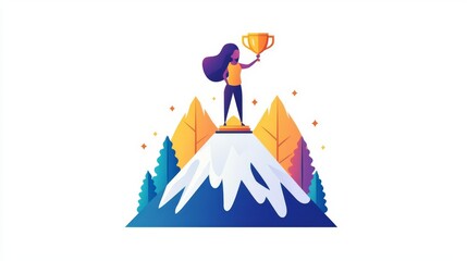 Fototapeta premium A woman celebrates victory on a mountain peak, holding a trophy and embracing her success.