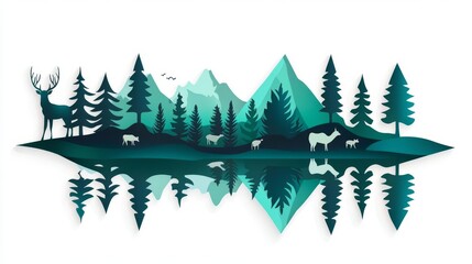 Fototapeta premium Tranquil forest scene showcasing mountains, trees, and wildlife in vibrant colors.